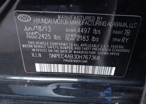 2013 Hyundai Sonata Se 2.0T z USA, uszkodzony, nr VIN 5NPEC4AB3DH767368